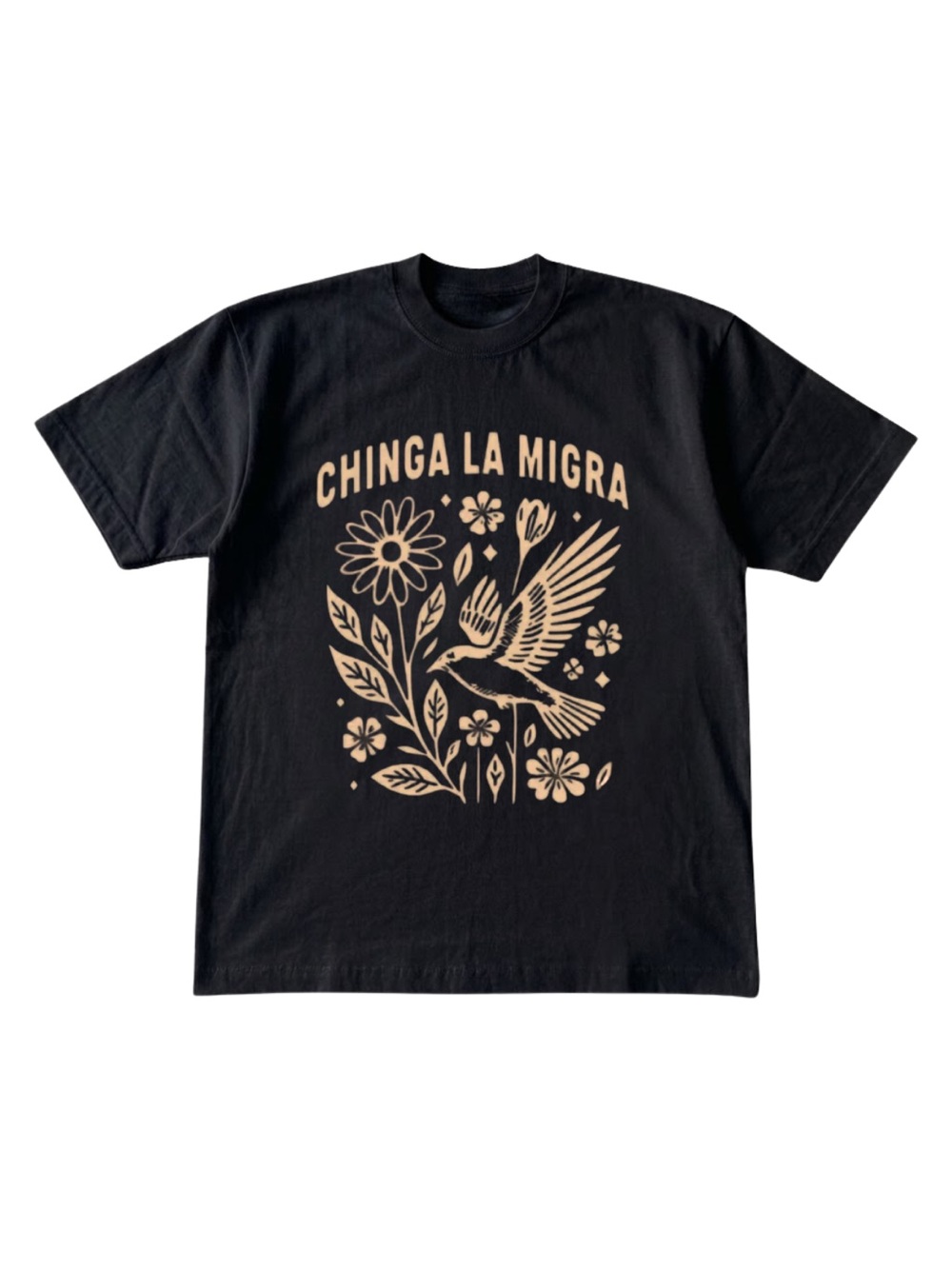 Gildan Black Graphic Tee with Beige Hummingbird Print - Chinga La Migra